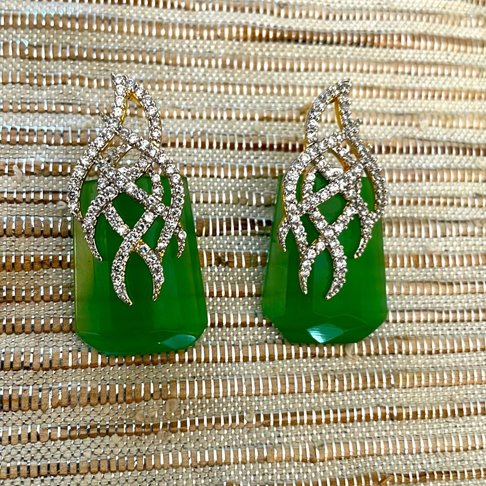 Fancy faceted green and gold sparkly earrings.  From India. 1 1/2” l x 3/4” w